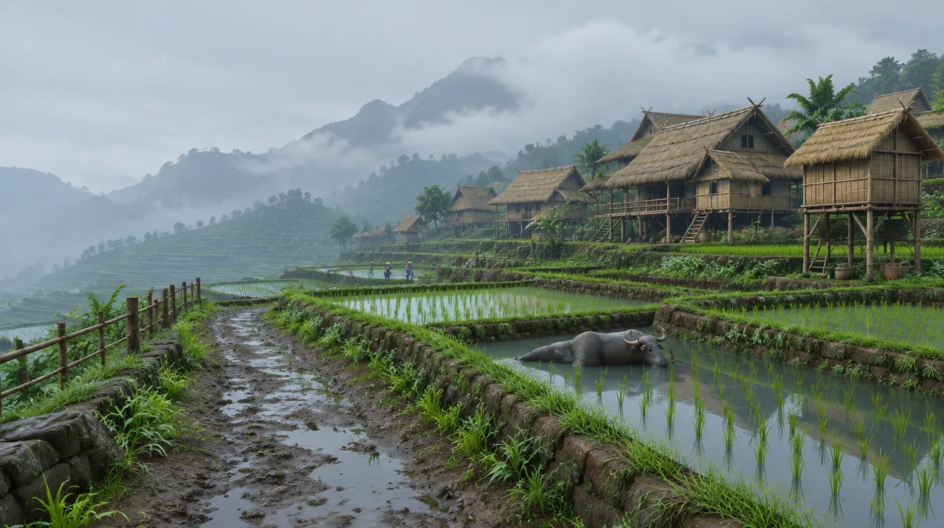 Topsill: rumah panggung beratap jerami di tepi teras, petak penuh air seperti cermin, seekor kerbau berendam di saluran.