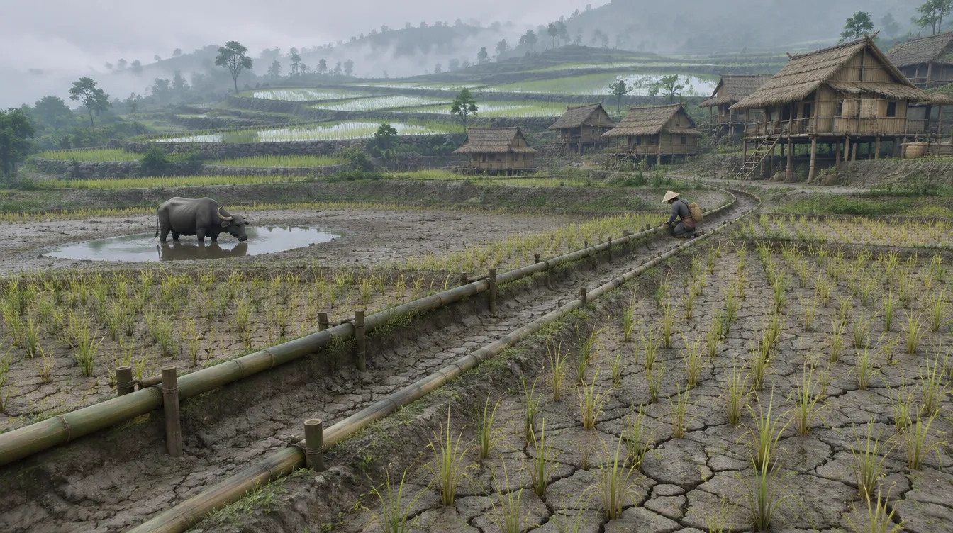 Wadebury: lumpur retak di petak kering, padi muda memucat, saluran bambu kosong, seekor kerbau di genangan yang menyusut.