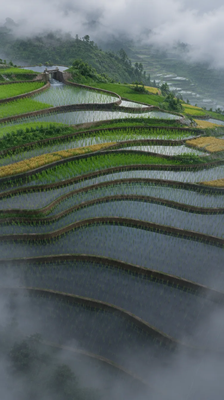 Sawah bertingkat Mount Kerrow dari udara, petak air bertumpuk turun ke kabut, pintu air kayu di teras teratas.