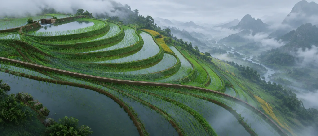 Sawah bertingkat Mount Kerrow dari udara di bawah langit mendung. Petak air memantulkan langit putih, kabut mengisi lembah di kanan, dan pintu air kayu berdiri di teras teratas.