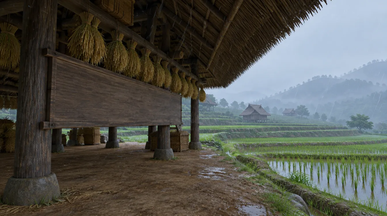 Emper lumbung padi: atap jerami yang dalam, ikatan padi tergantung, papan kayu kosong di tiang, sawah basah di balik hujan.