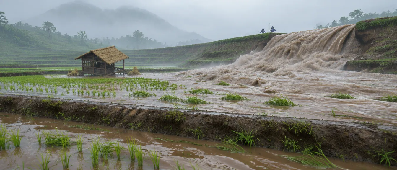 Banjir cokelat menjebol pematang di kanan atas. Wallowmaw, makhluk panjang dari lumpur dan akar, memanjat pematang depan dengan kaki seperti akar bakau, tertutup batang padi di depan.